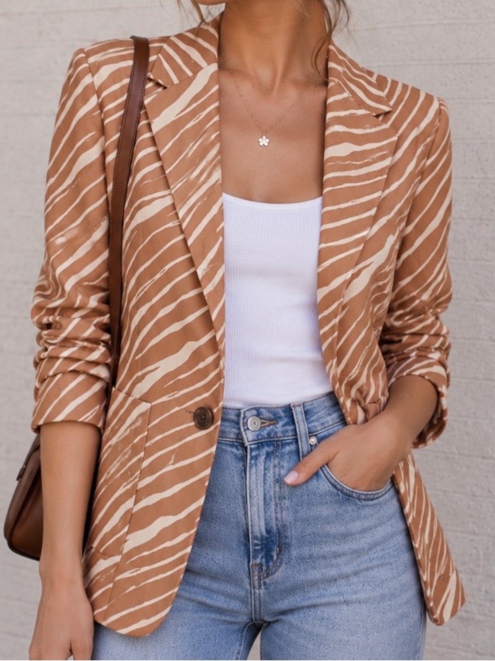 A New Day Linen Blend Zebra Print Blazer Jacket Brown Cream Office Chic L